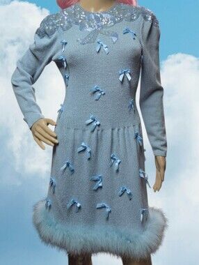 Vintage 1980's Marabou Dress Bows Feathers Beaded 6